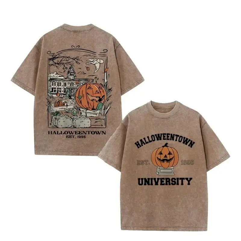 Halloweentown University Vintage Halloween T-Shirt/Sweatshirt/Hoodie – Pumpkin Front & Back Graphic Washed Tee