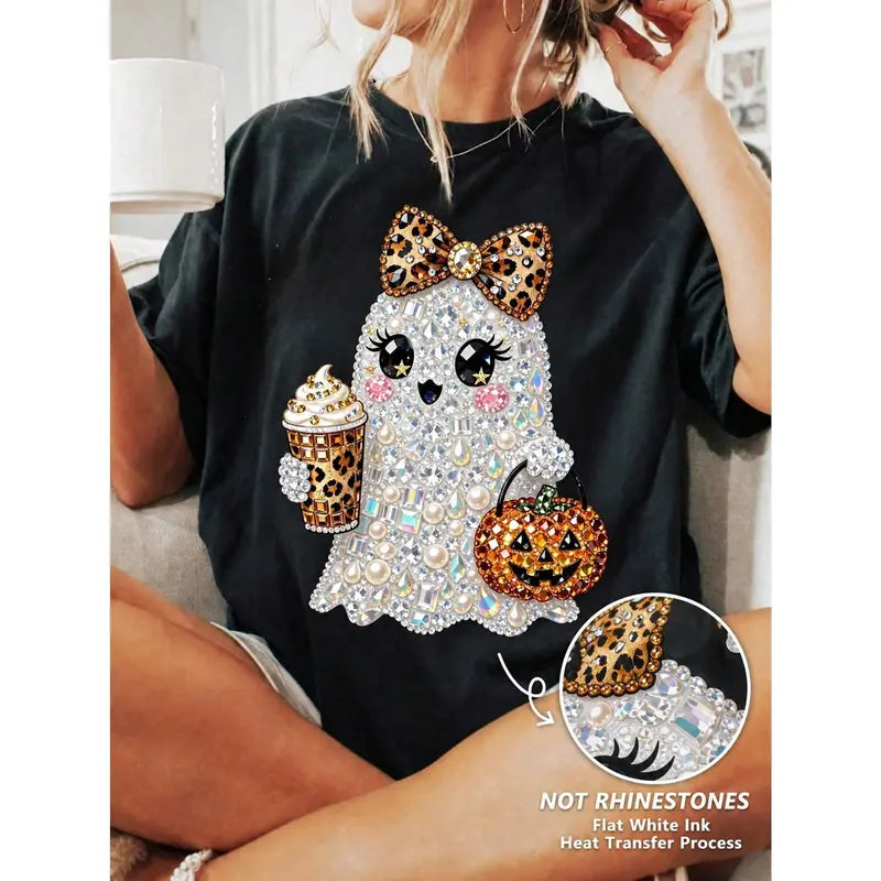 Coquette Ghost Halloween Rhinestone-Look Print T-Shirt/Sweatshirt/Hoodie – Cute Pearl Bow Pumpkin Coffee Graphic Tee