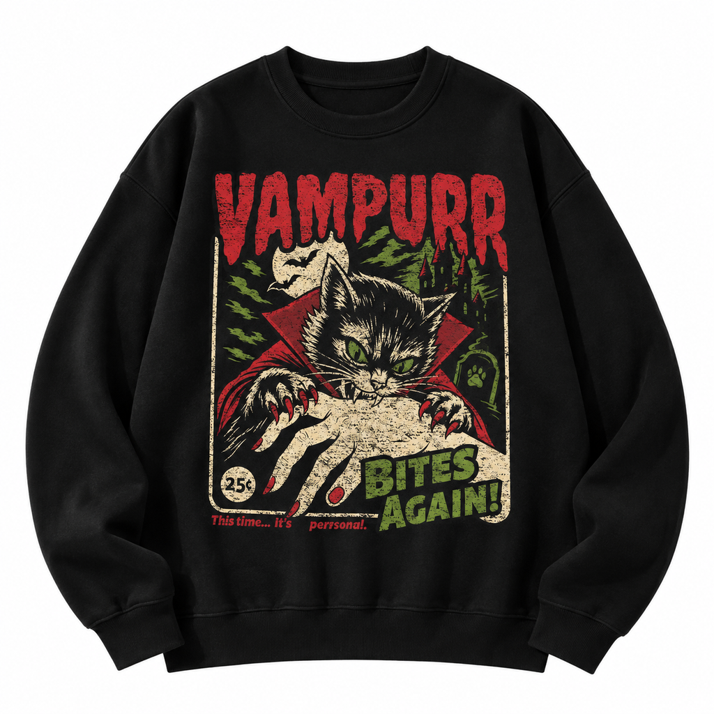 🧛‍Vampurr Bites Again T-Shirt/Sweatshirt/Hoodie – Retro Vampire Cat Halloween Graphic Tee