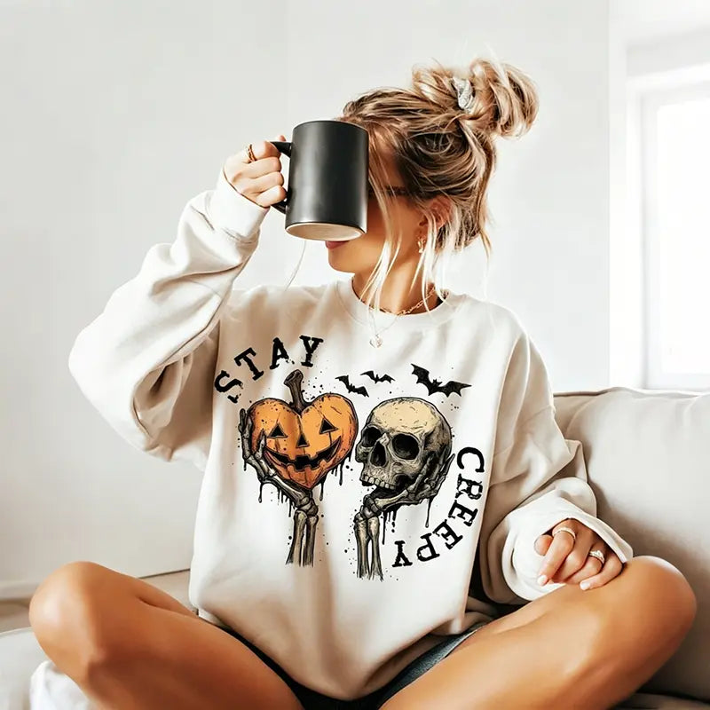 🎃Stay Creepy Skeleton Pumpkin Graphic T-shirt/Sweatshirt/Hoodie – Vintage Halloween Pullover Sweatshirt