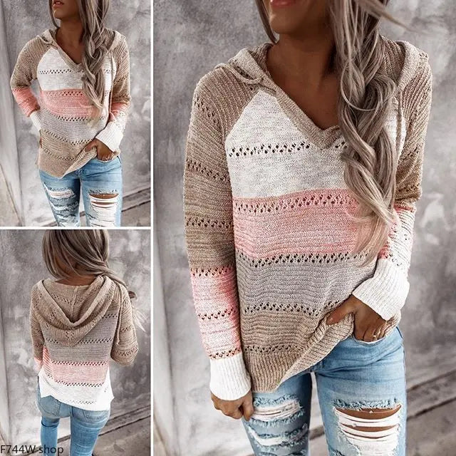 Women’s Color Block Knit Hoodie – Casual Openwork Pullover Sweater