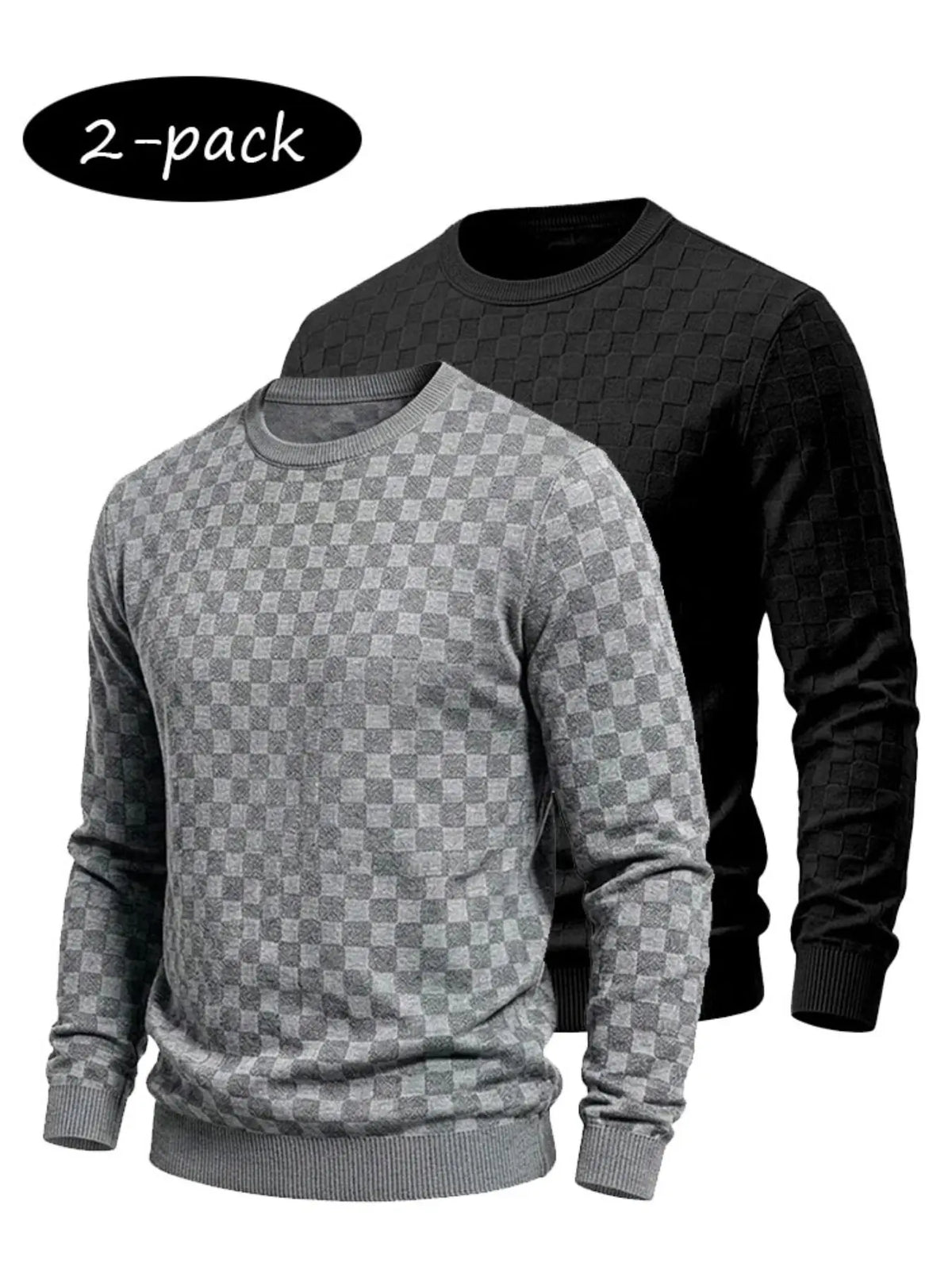 4-Pack Men’s Checkered Knit Sweaters – Lightweight Crewneck Long Sleeve Pullovers