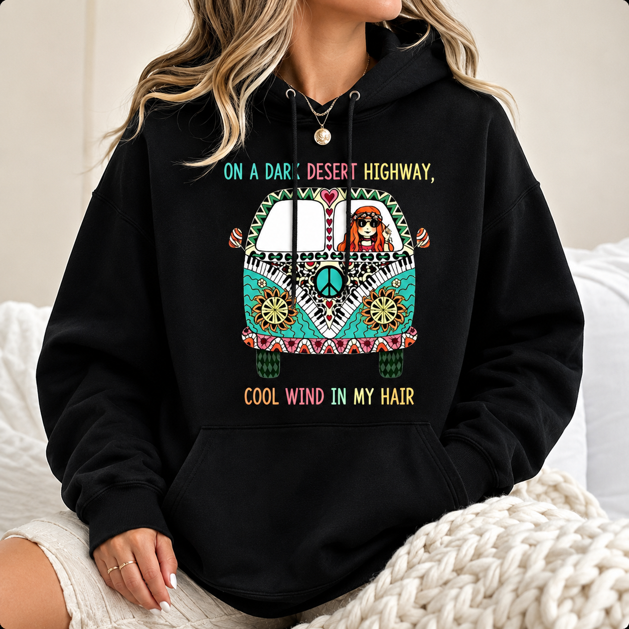 🎶Colorful Bohemian Graphic Tee/Sweatshirt/Hoodie for Plus Size Women Showcasing Hippie Bus Desert Scene and Dark Highway Quote