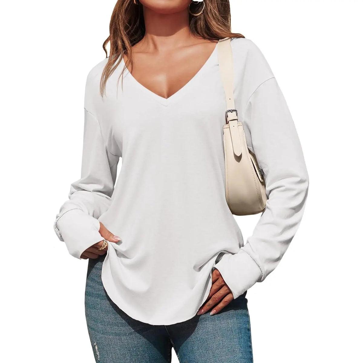 Women’s V Neck Long Sleeve Tunic Top – Loose Fit Curved Hem Casual Basic T-Shirt