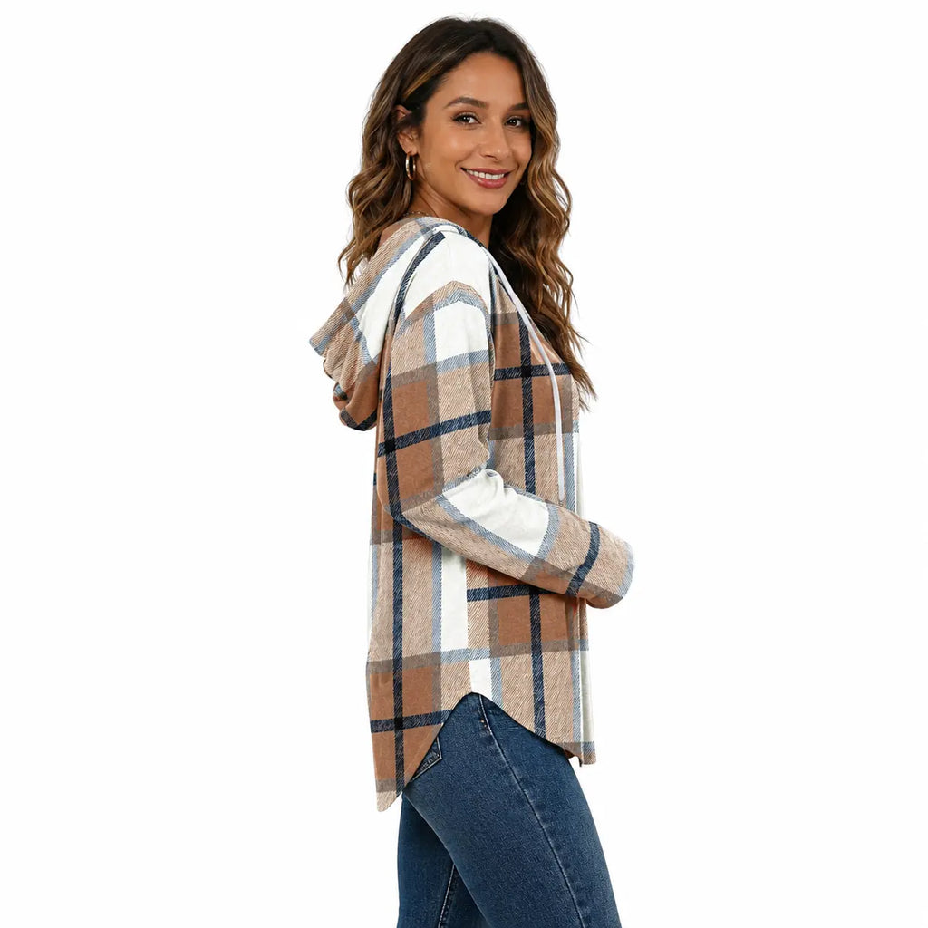 Women's Plaid Hooded Pullover – Casual Long Sleeve Fall Top