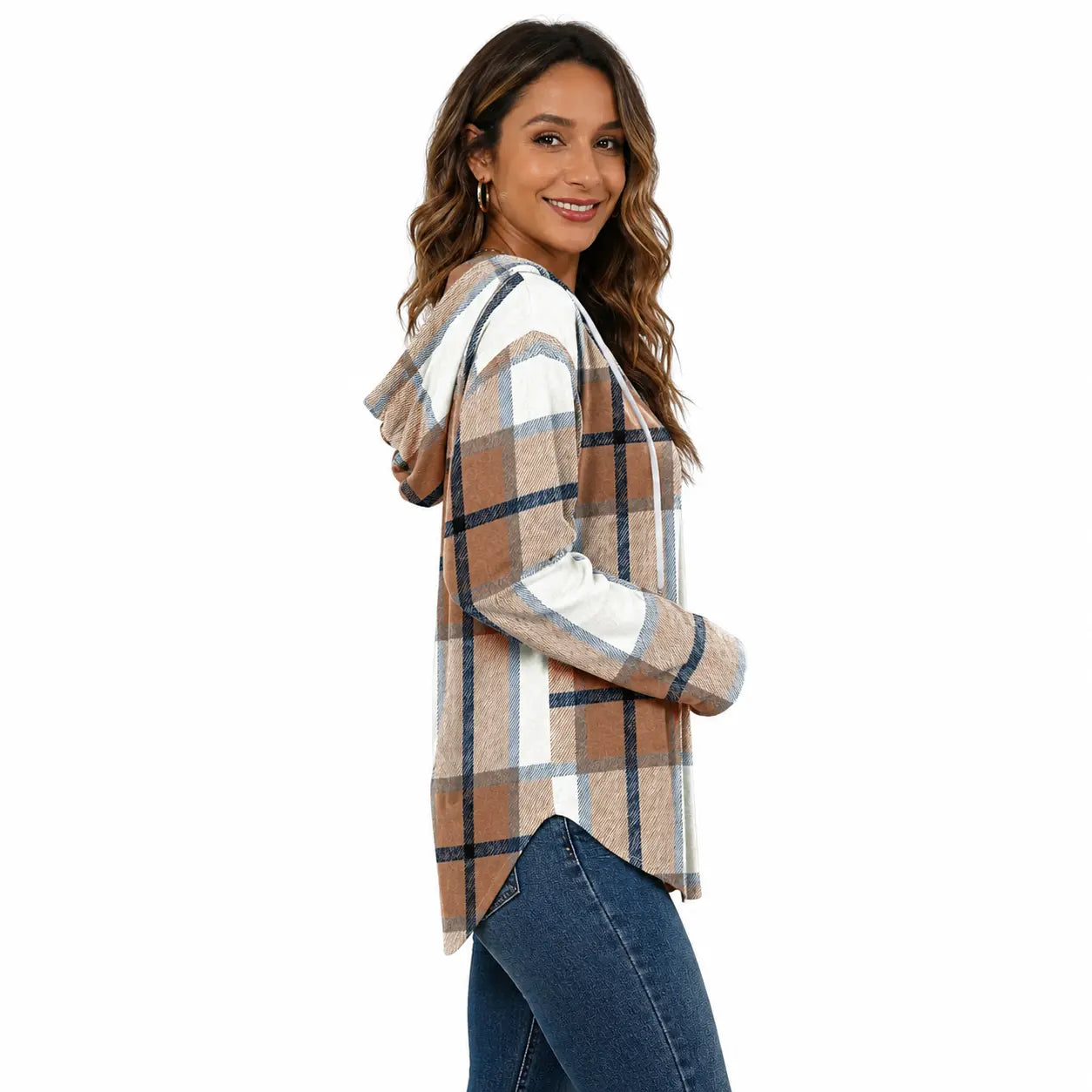 Women's Plaid Hooded Pullover – Casual Long Sleeve Fall Top