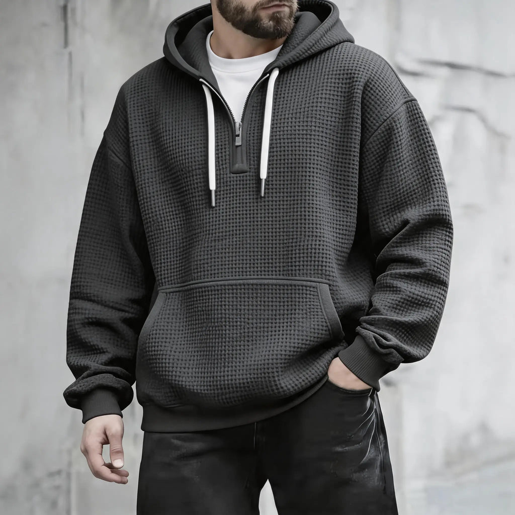 Men’s Waffle Knit Half Zip Hoodie – Textured Pullover Sweatshirt with Kangaroo Pocket