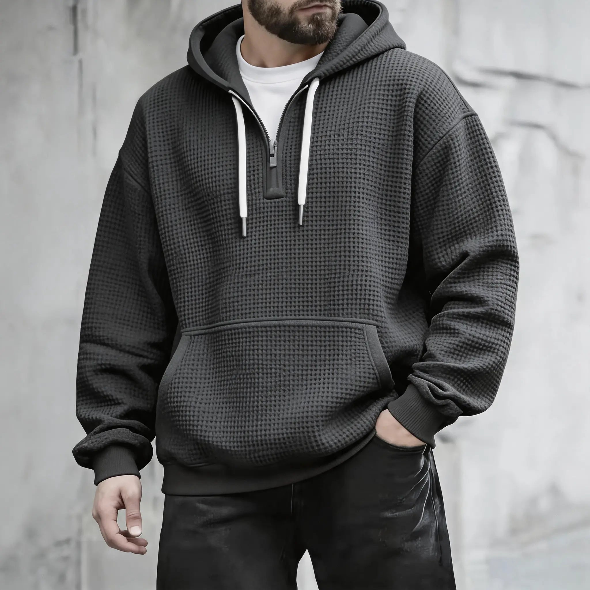 Men’s Waffle Knit Half Zip Hoodie – Textured Pullover Sweatshirt with Kangaroo Pocket