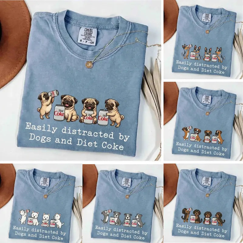 Custom Dog Breeds Easily Distracted By Dogs And Diet Coke – Vintage Dog Lover Graphic Tee