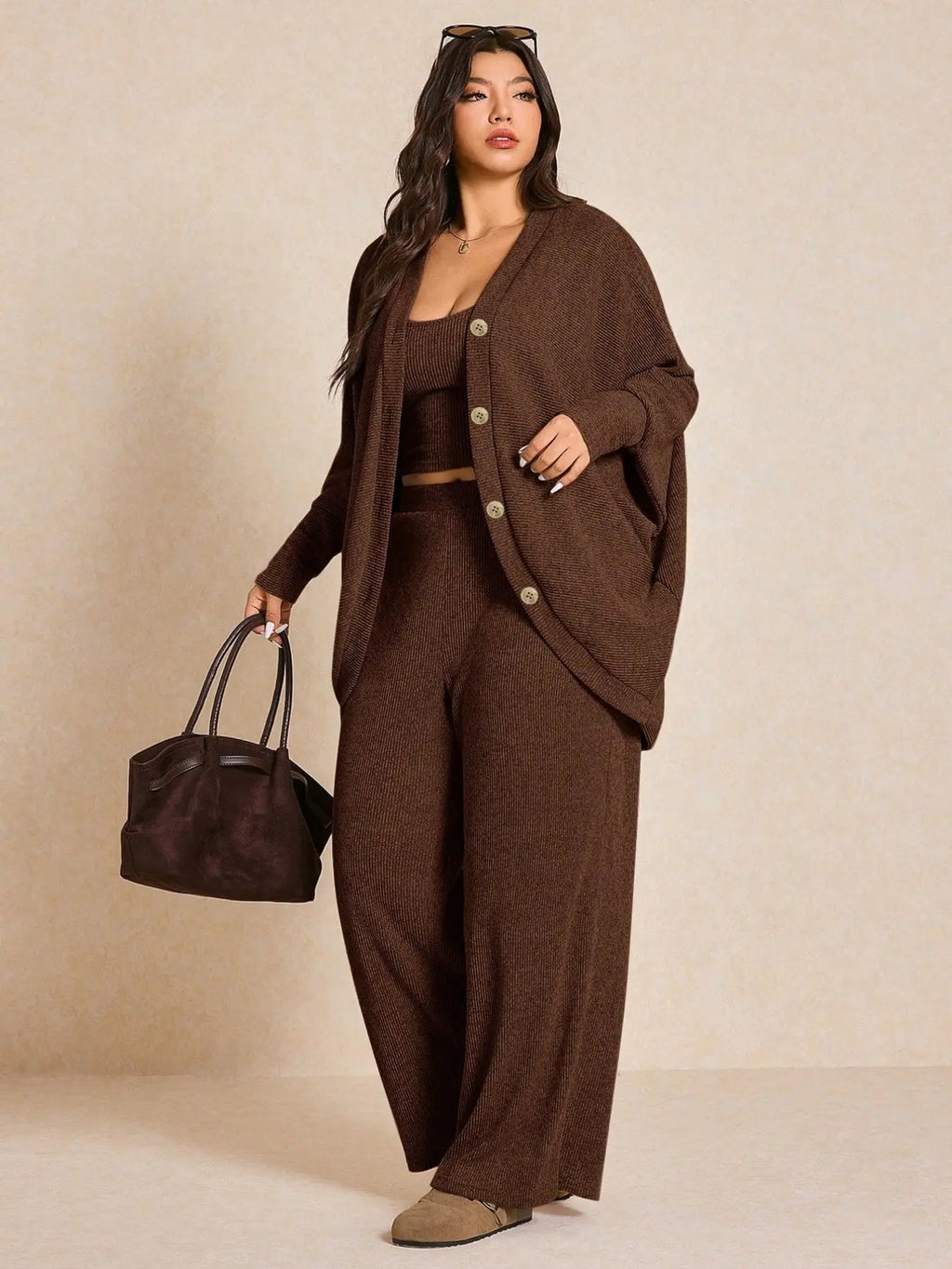Women's Cozy 3-Piece Knit Lounge Set – Cardigan, Tank Top & Wide-Leg Pants