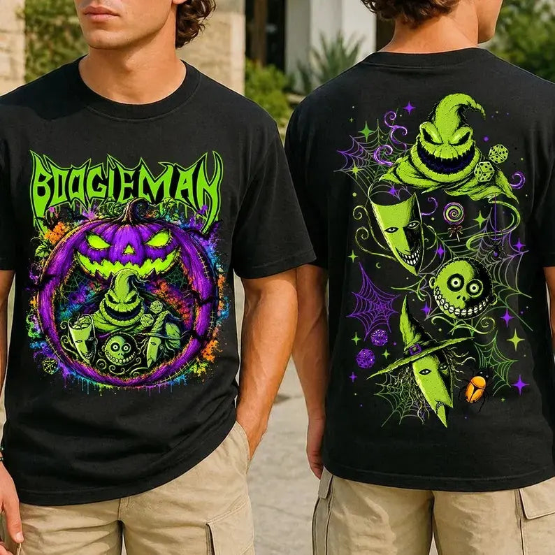 Boogeyman Halloween T-Shirt/Sweatshirt/Hoodie – Neon Spooky Character Front & Back Graphic Tee