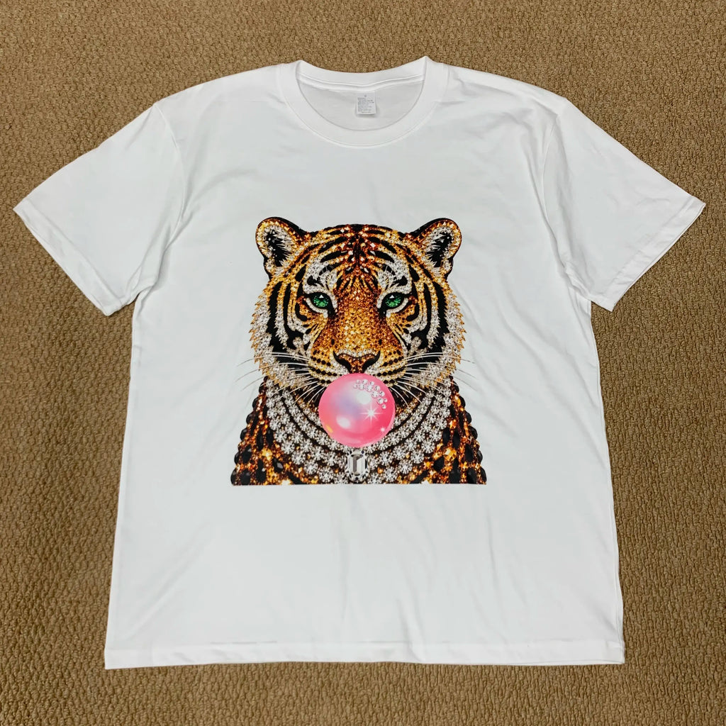 Glam Tiger Bubble Gum T-Shirt/Sweatshirt/Hoodie – Rhinestone Style Animal Graphic Tee, Y2K Streetwear Top