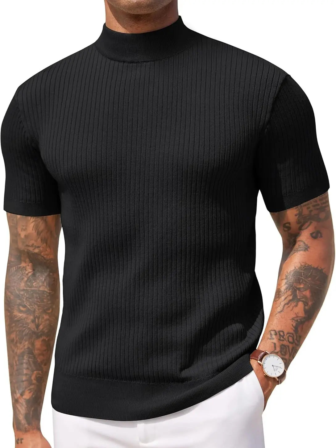 Men's Ribbed Mock Neck T-Shirt – Minimalist Short Sleeve Knit Top