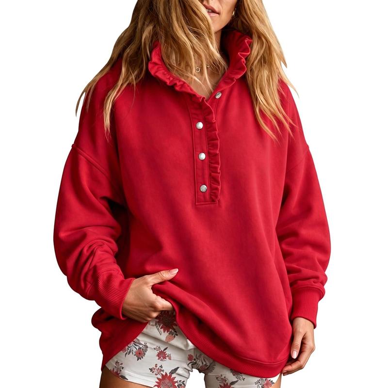 Women's Ruffle Mock Neck Sweatshirt – Oversized Snap Button Casual Pullover