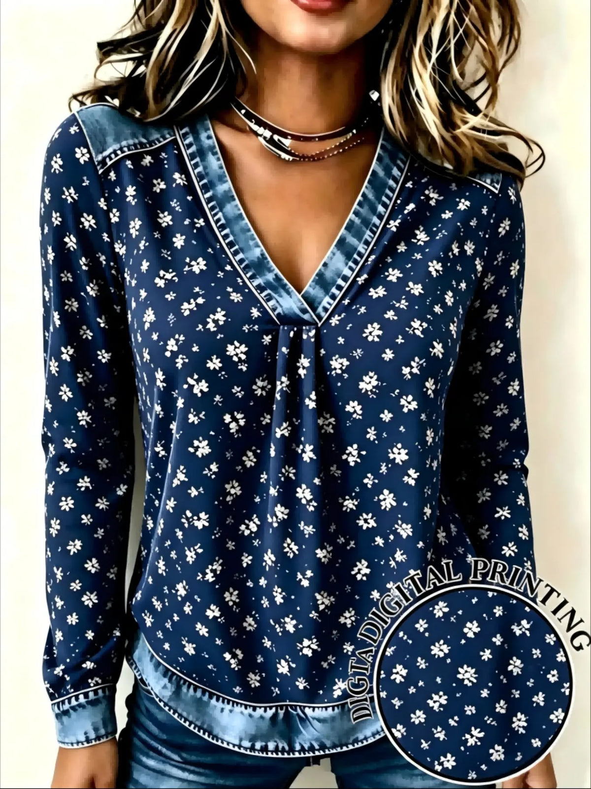 Women’s Plaid V-Neck Top – Faux Denim Trim Long Sleeve Casual Shirt