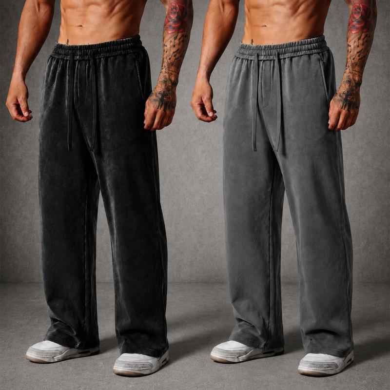 Men's Vintage Washed Baggy Heavyweight Fabric Sweatpants – Loose Straight-Leg Drawstring Pants
