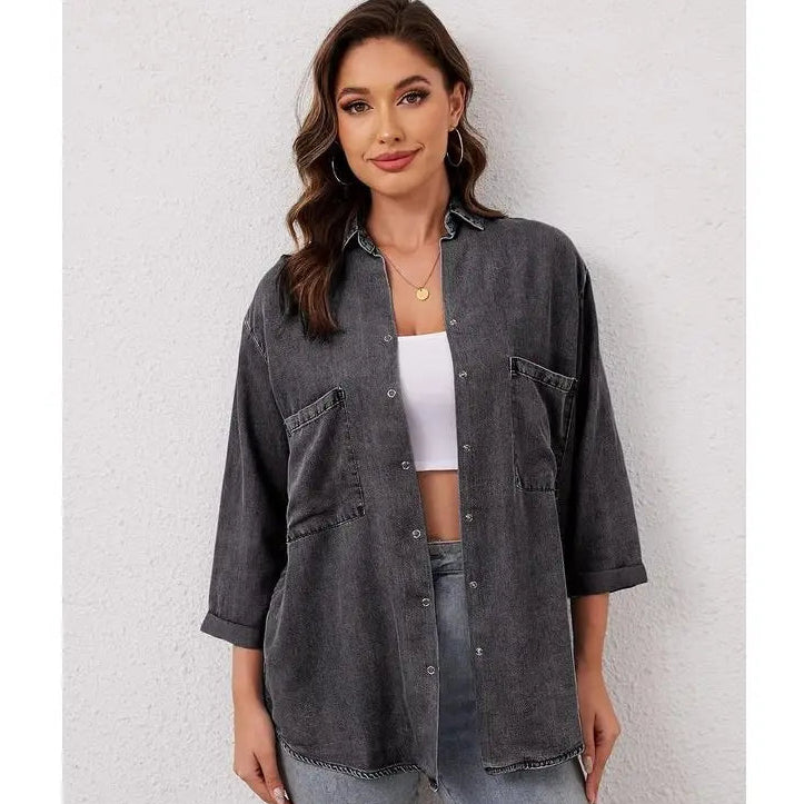 Women’s Tencel Chambray Denim Shirt – Oversized Button Down 3/4 Sleeve Top with Pockets
