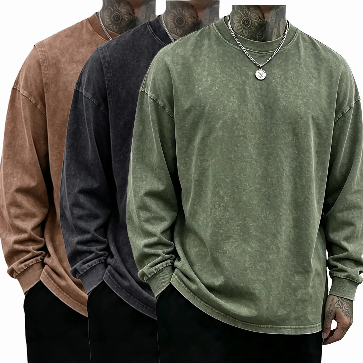 Men’s Vintage Washed Long Sleeve T-Shirt/Sweatshirt/Hoodie – Oversized Crewneck Relaxed Fit Streetwear Tee