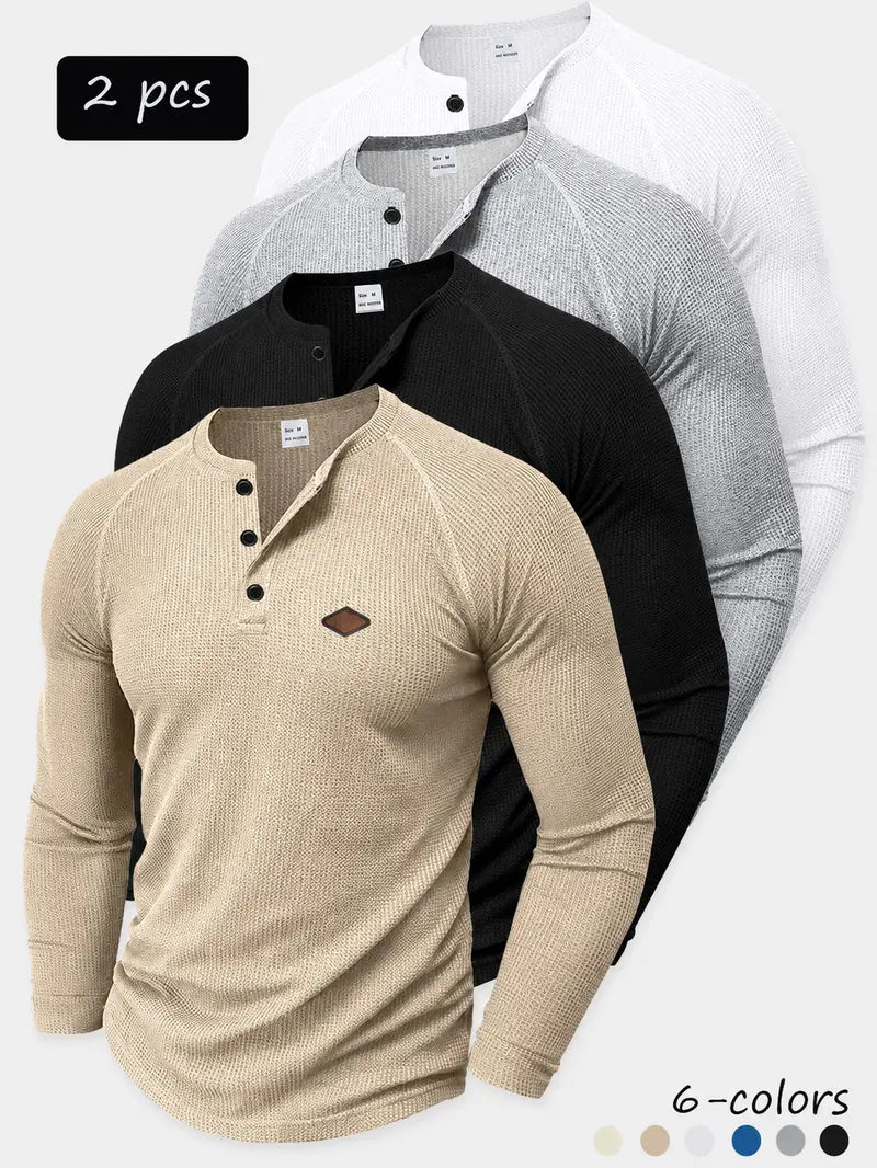 Men's 2-Pack Waffle Knit Henley Shirts – Long Sleeve Raglan Casual Tops