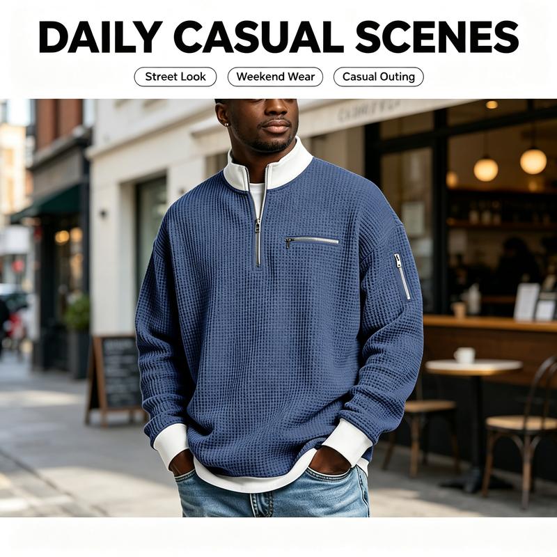 Men's Waffle Knit Quarter-Zip Pullover – Contrast Collar Casual Sweatshirt