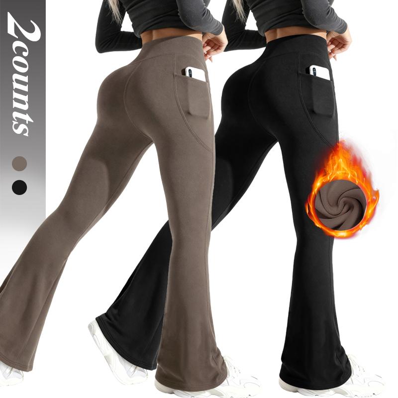 Women's Fleece-Lined Flare Leggings – High-Waisted Warm Pants with Pockets