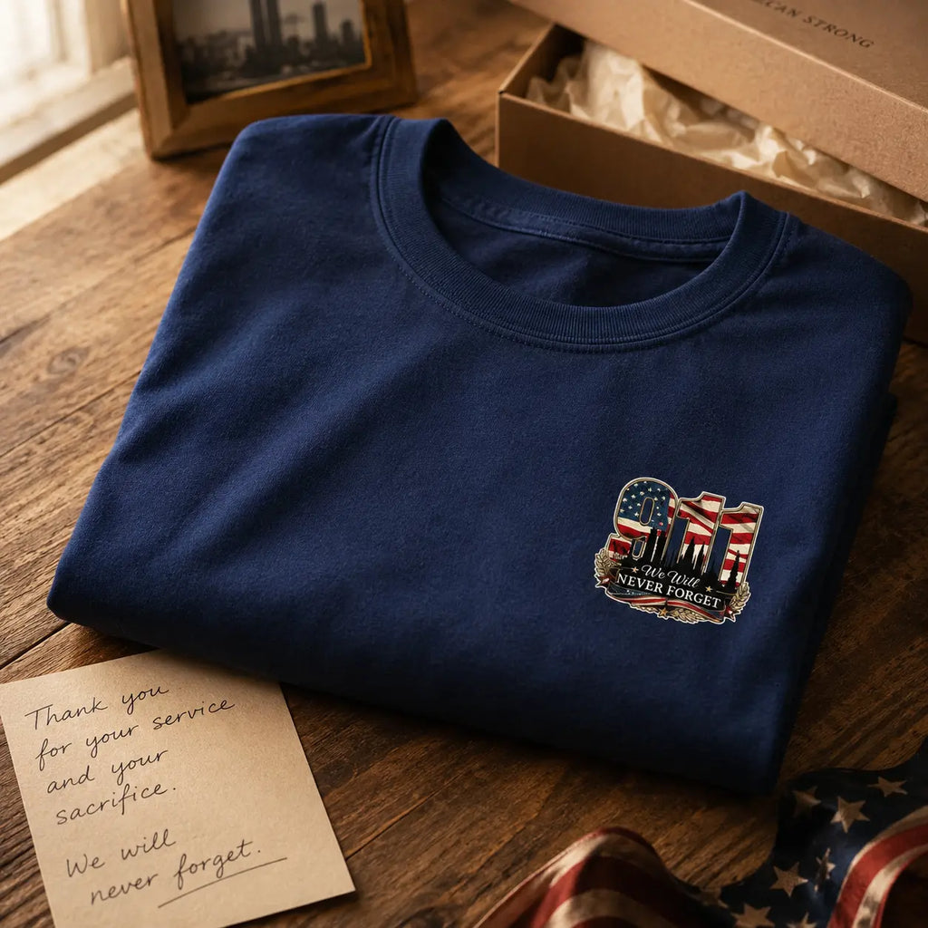 9/11 25th Anniversary Memorial T-Shirt/Sweatshirt/Hoodie – We Will Never Forget Patriotic American Flag Two-Sided Graphic Tee