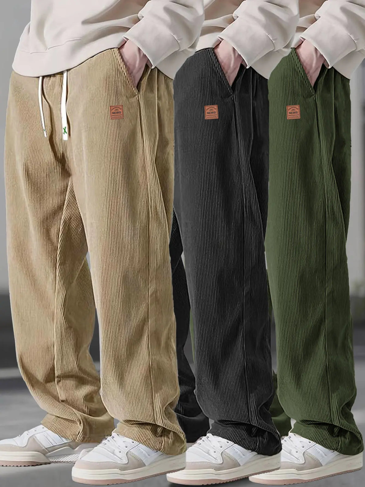 Men’s 3-Pack Corduroy Pants – Loose Fit Drawstring Casual Straight Leg Trousers