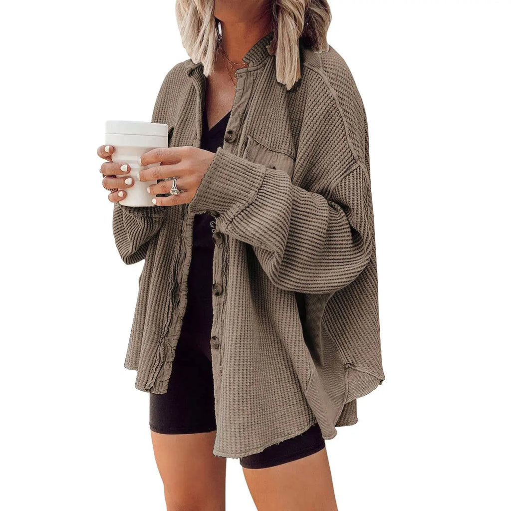Women's Waffle Knit Oversized Shacket – Relaxed Button Down Layering Top for Fall