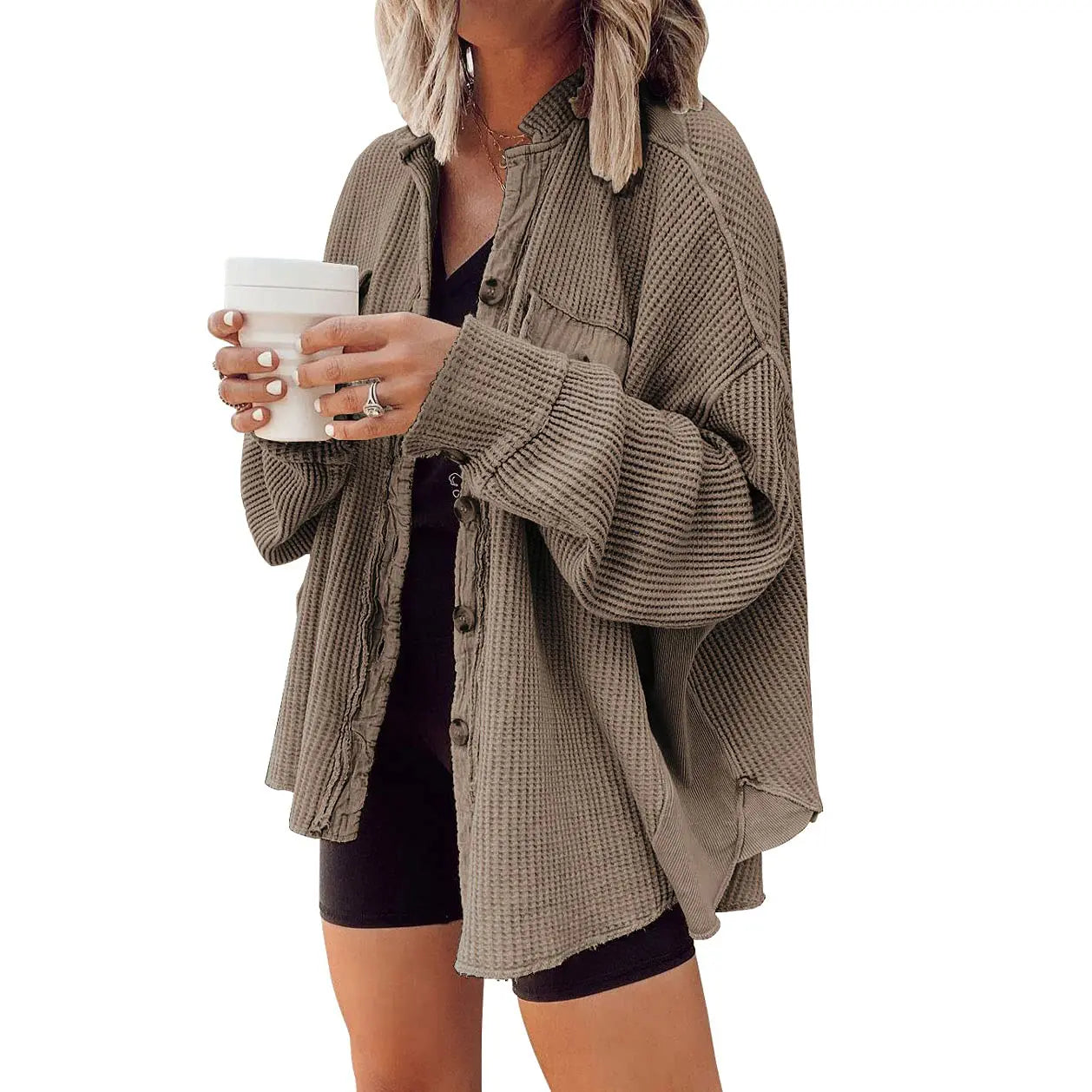 Women's Waffle Knit Oversized Shacket – Relaxed Button Down Layering Top for Fall