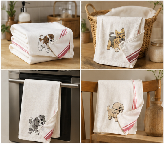 Customizable Puppy Hand Towel – Personalized Dog Name Embroidered Kitchen Tea Towel Gift for Dog Lovers