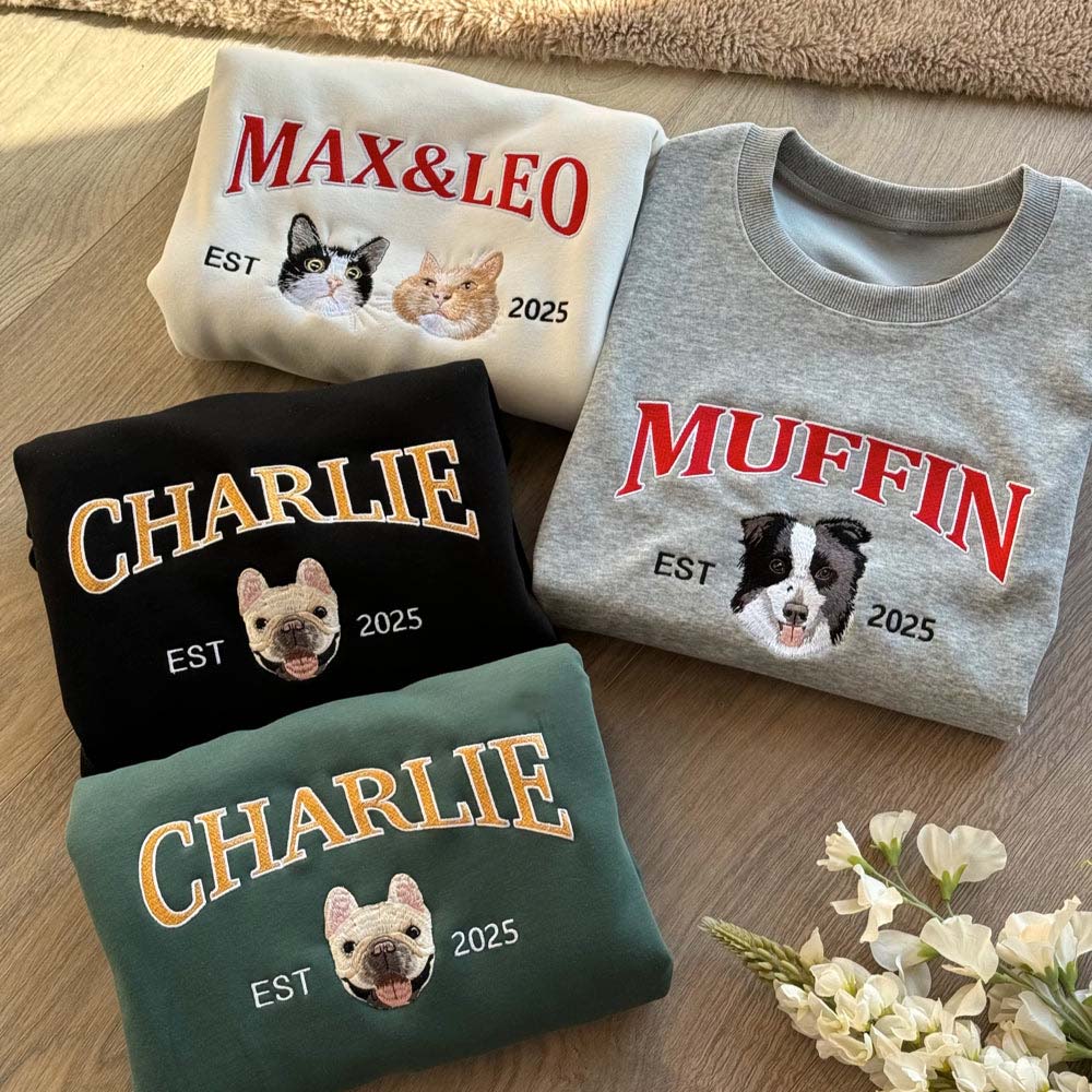 Personalized Embroidered Sweatshirt with Pet Portraits and Names