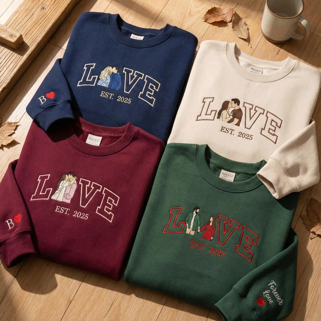 Personalized Embroidered Photo Couple LOVE EST Year Sweatshirt/Hoodie