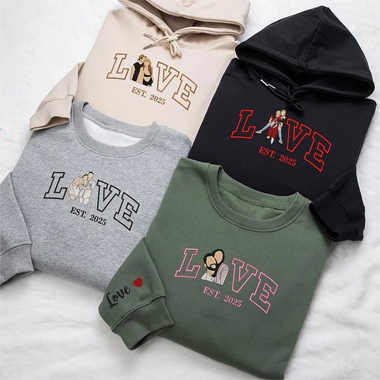 Personalized Embroidered Photo Couple LOVE EST Year Sweatshirt/Hoodie