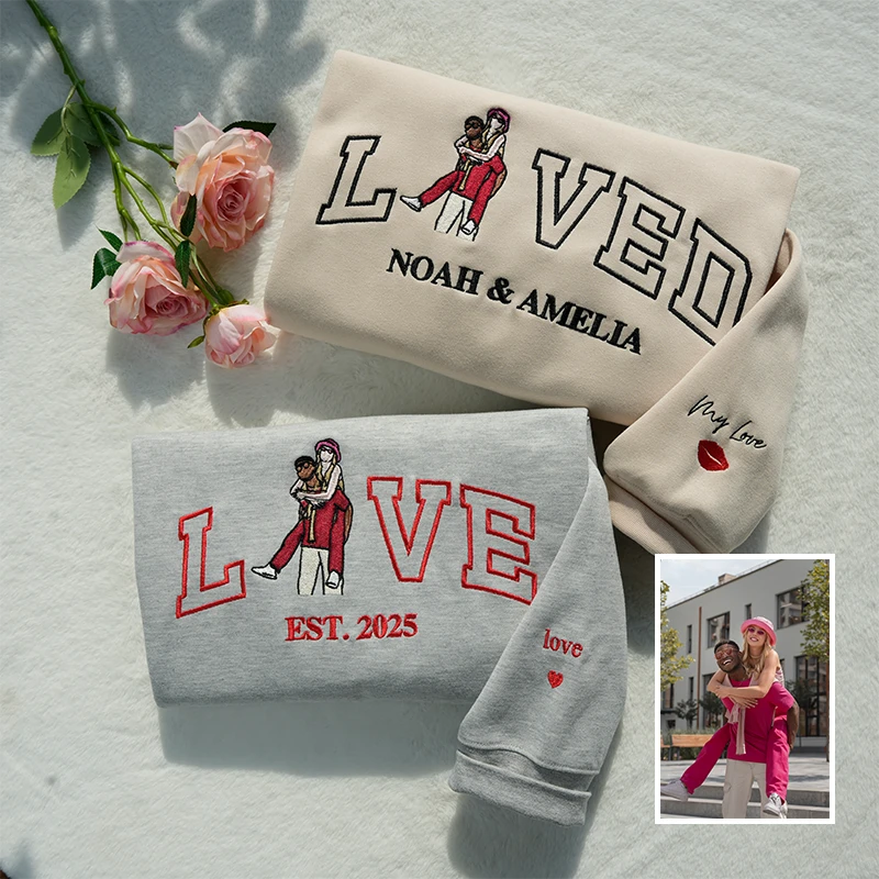 Personalized Embroidered Photo Couple LOVE EST Year Sweatshirt/Hoodie