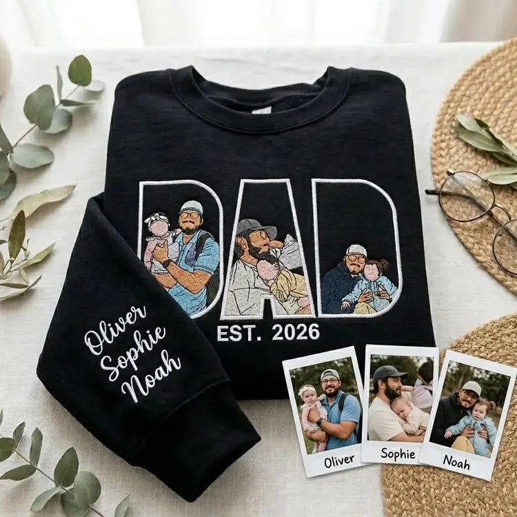 Custom Photo Portrait Embroidery Sweatshirt/T-shirt, Gift For Dad/Mom/Family