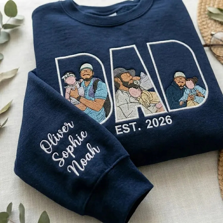 Custom Photo Portrait Embroidery Sweatshirt/T-shirt, Gift For Dad/Mom/Family