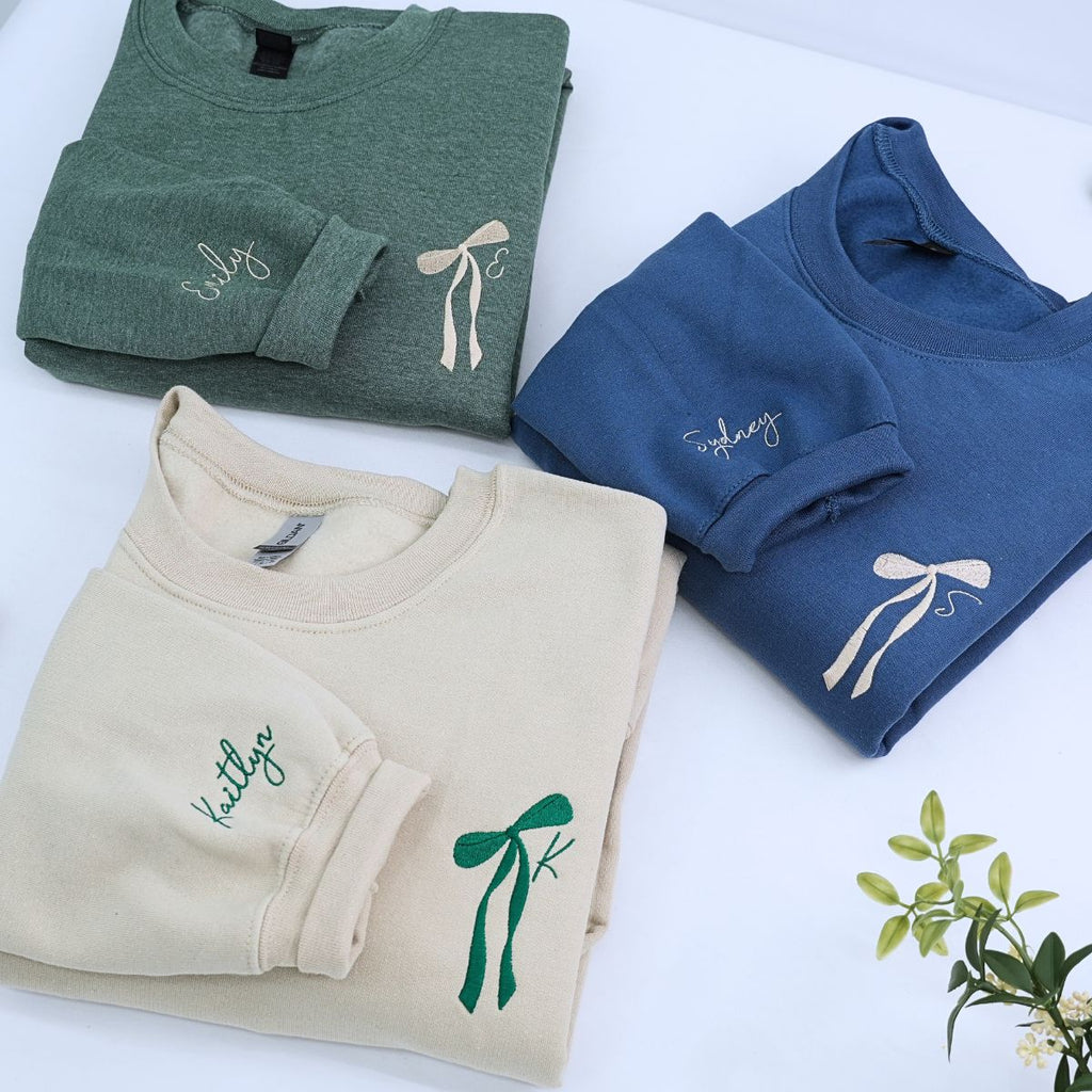 Custom Initial Coquette Bow Ribbon Bridal Party T-Shirt, Sweatshirt or Hoodie, Bridesmaid Proposal, Embroidered Bachelorette Gifts for Bride
