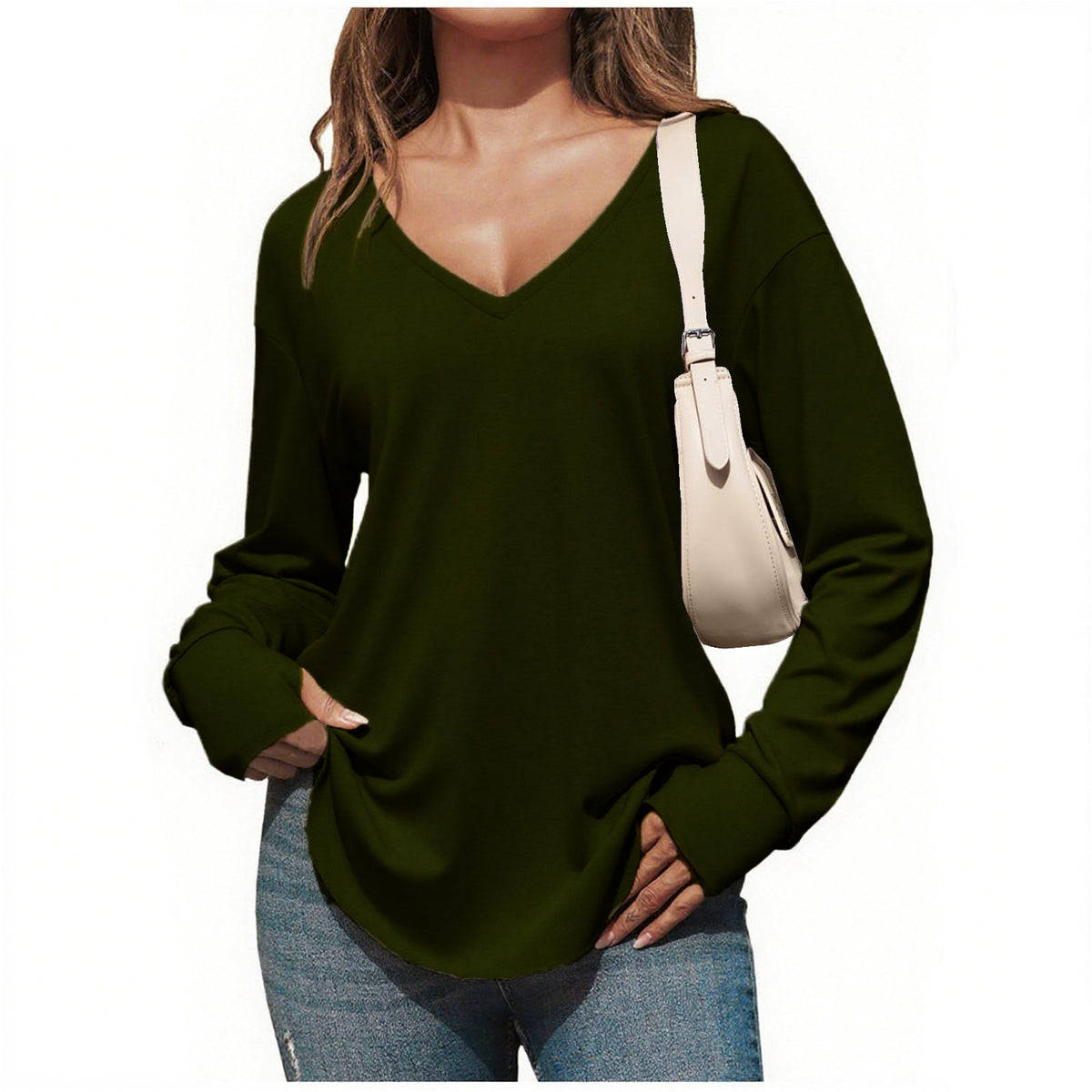 Women’s V Neck Long Sleeve Tunic Top – Loose Fit Curved Hem Casual Basic T-Shirt