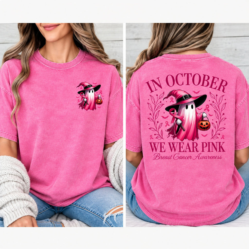 In October We Wear Pink Ghost Shirt/Sweatshirt/Hoodie – Breast Cancer Awareness Halloween Graphic Tee