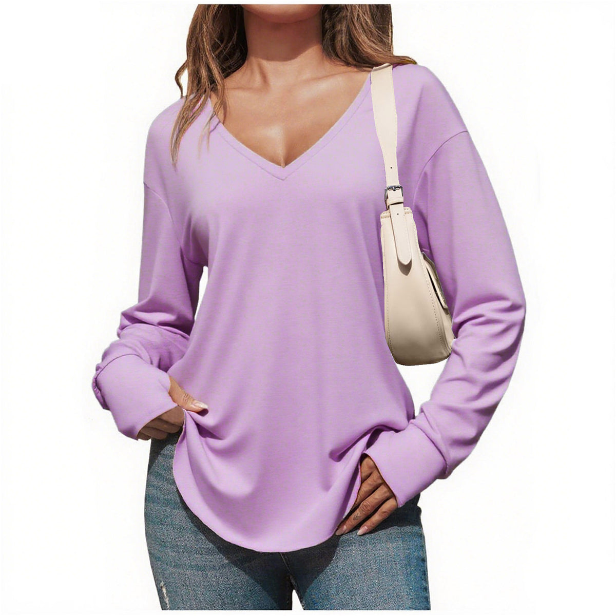 Women’s V Neck Long Sleeve Tunic Top – Loose Fit Curved Hem Casual Basic T-Shirt