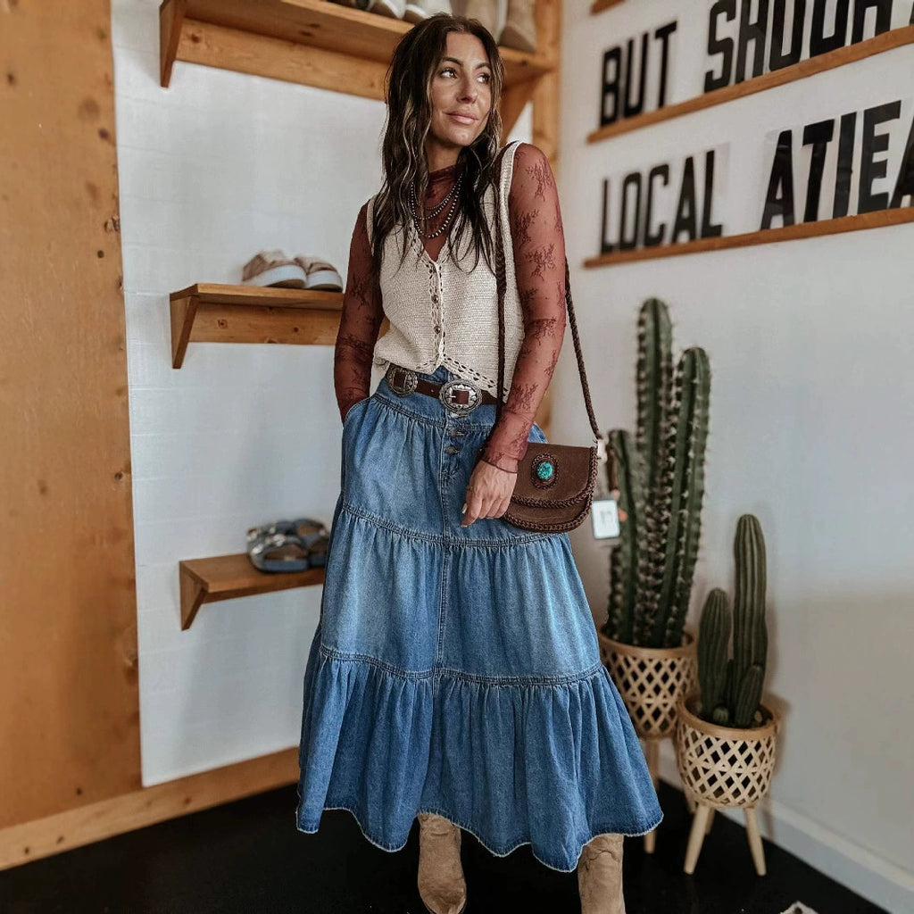 Women’s High Waisted Tiered Denim Maxi Skirt – A-Line Ruffle Button Front Boho Jean Skirt
