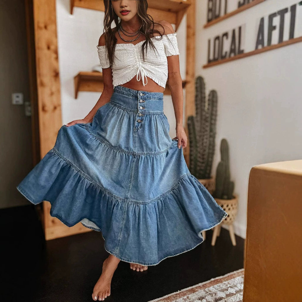 Women’s High Waisted Tiered Denim Maxi Skirt – A-Line Ruffle Button Front Boho Jean Skirt