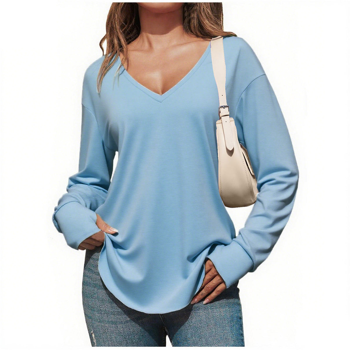 Women’s V Neck Long Sleeve Tunic Top – Loose Fit Curved Hem Casual Basic T-Shirt