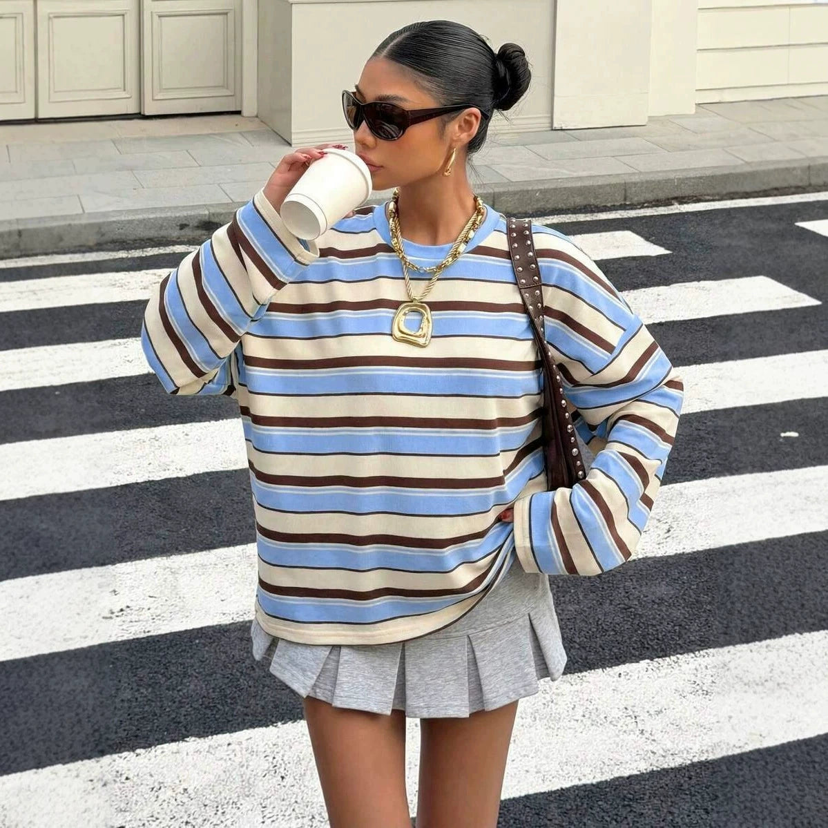 Retro Striped Long Sleeve Top – Women's Relaxed Everyday Tee