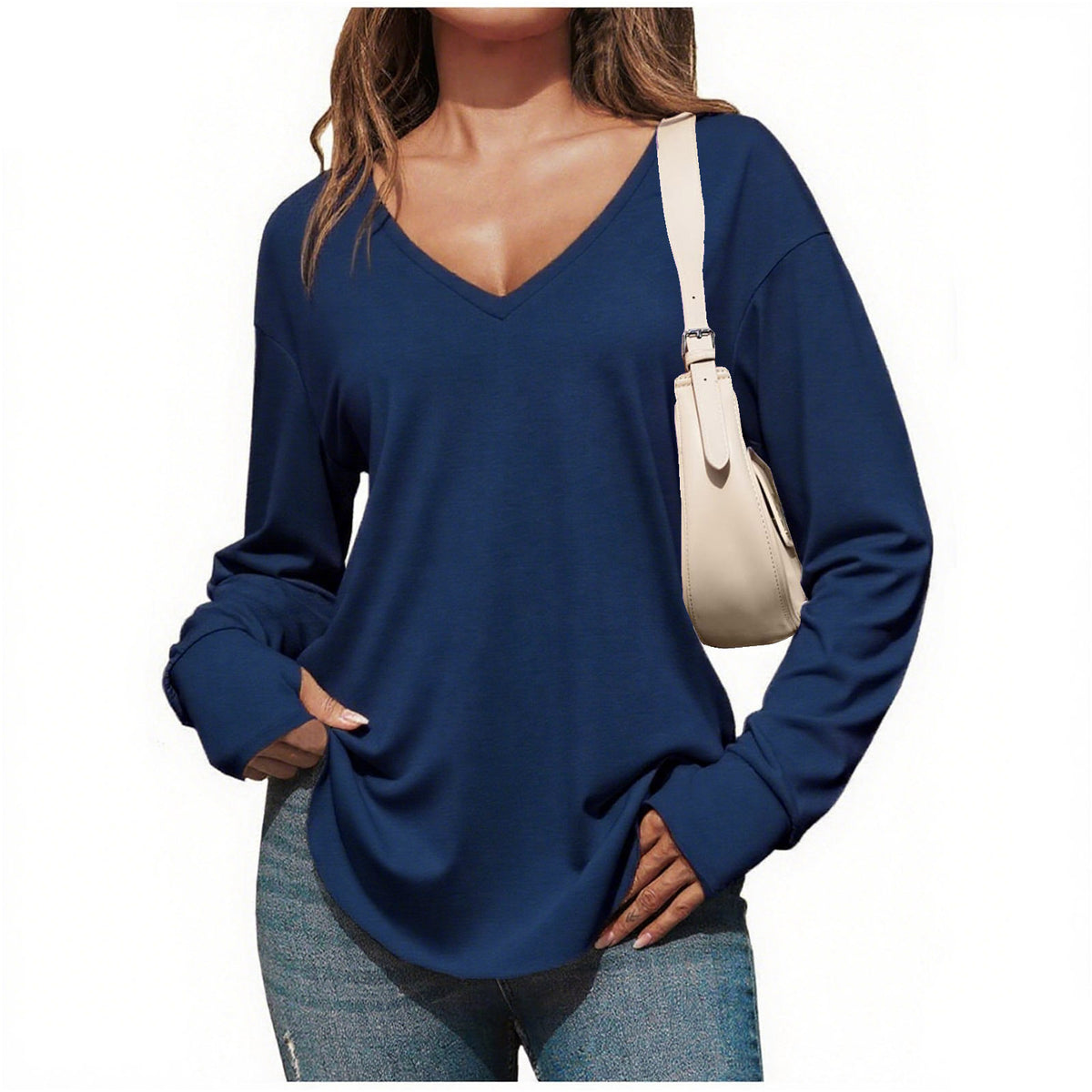 Women’s V Neck Long Sleeve Tunic Top – Loose Fit Curved Hem Casual Basic T-Shirt