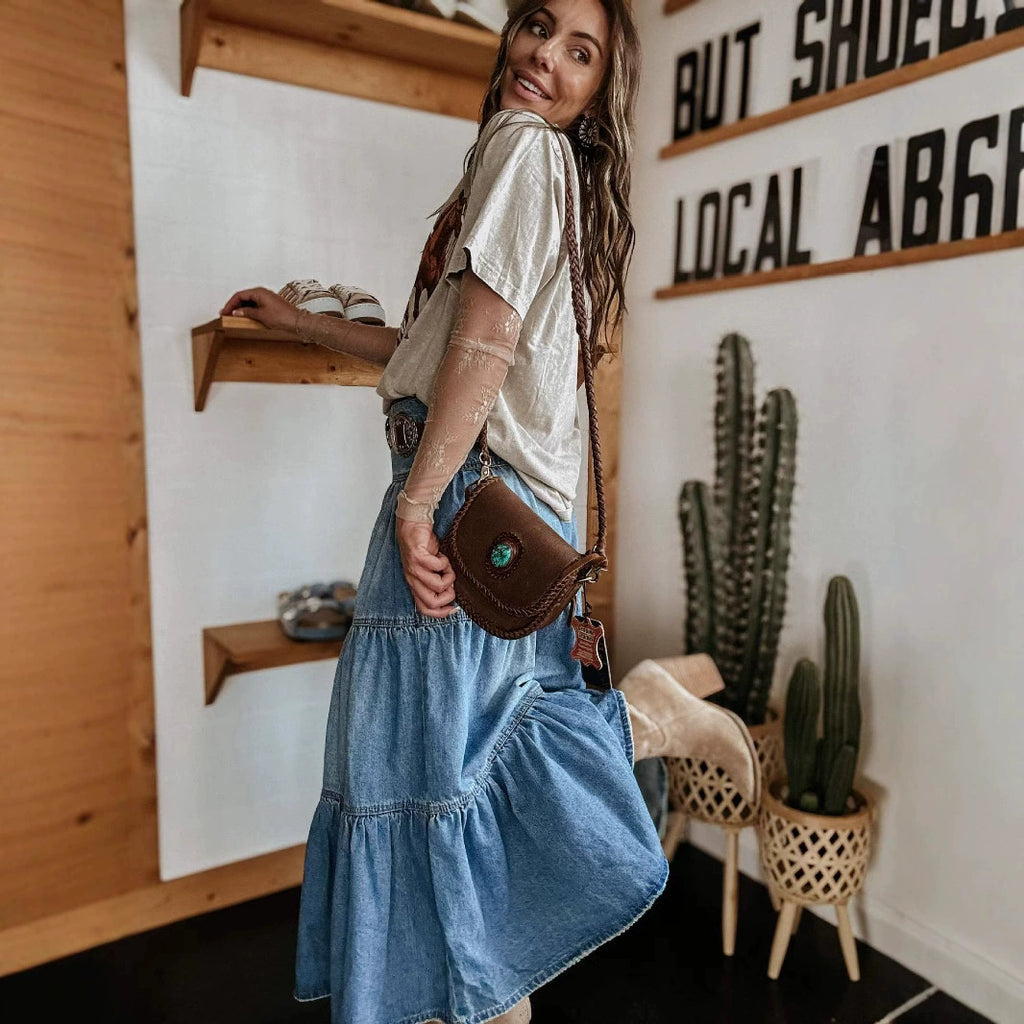 Women’s High Waisted Tiered Denim Maxi Skirt – A-Line Ruffle Button Front Boho Jean Skirt