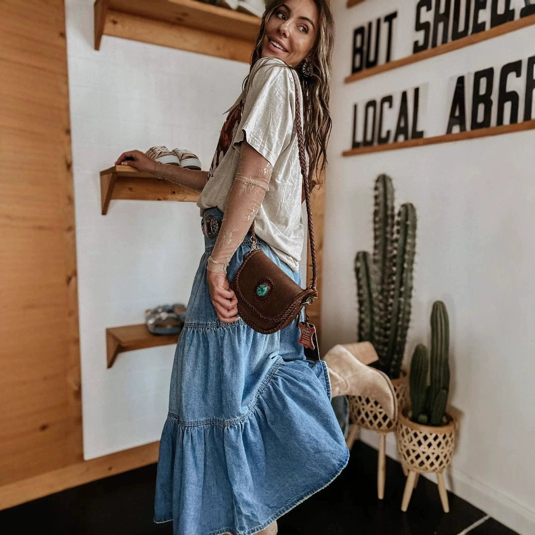 Women’s High Waisted Tiered Denim Maxi Skirt – A-Line Ruffle Button Front Boho Jean Skirt