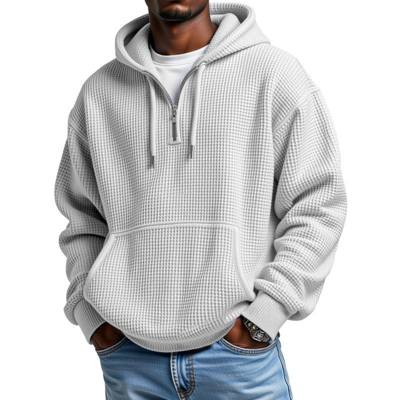 Men’s Waffle Knit Half Zip Hoodie – Textured Pullover Sweatshirt with Kangaroo Pocket