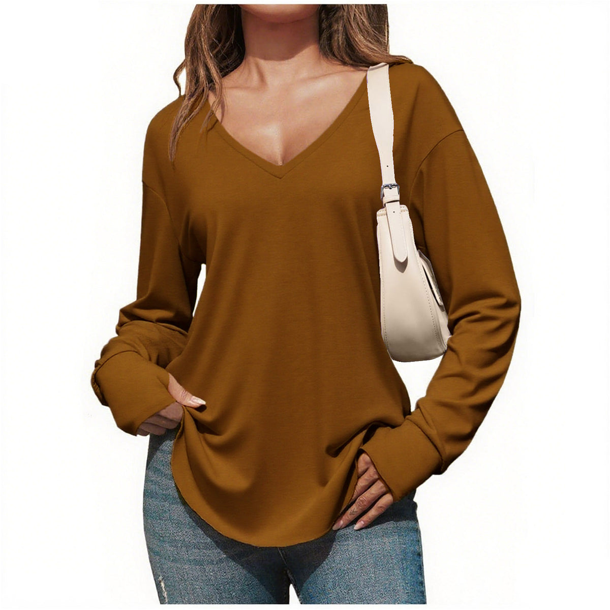 Women’s V Neck Long Sleeve Tunic Top – Loose Fit Curved Hem Casual Basic T-Shirt