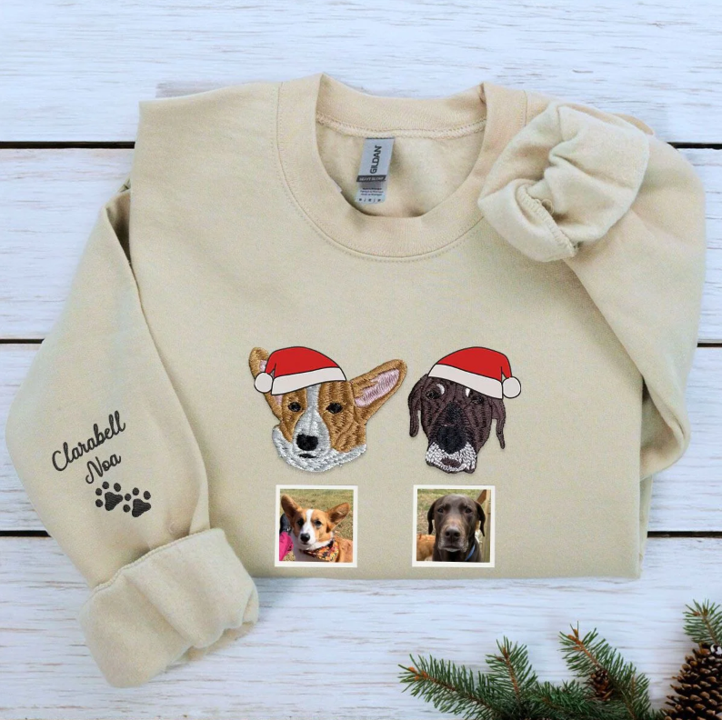 Personalized Embroidered Sweatshirt with Pet Portraits and Names